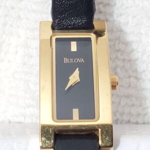 Vintage Bulova Women's Tank Petite Watch Black Dial Gold Plated Leather Strap